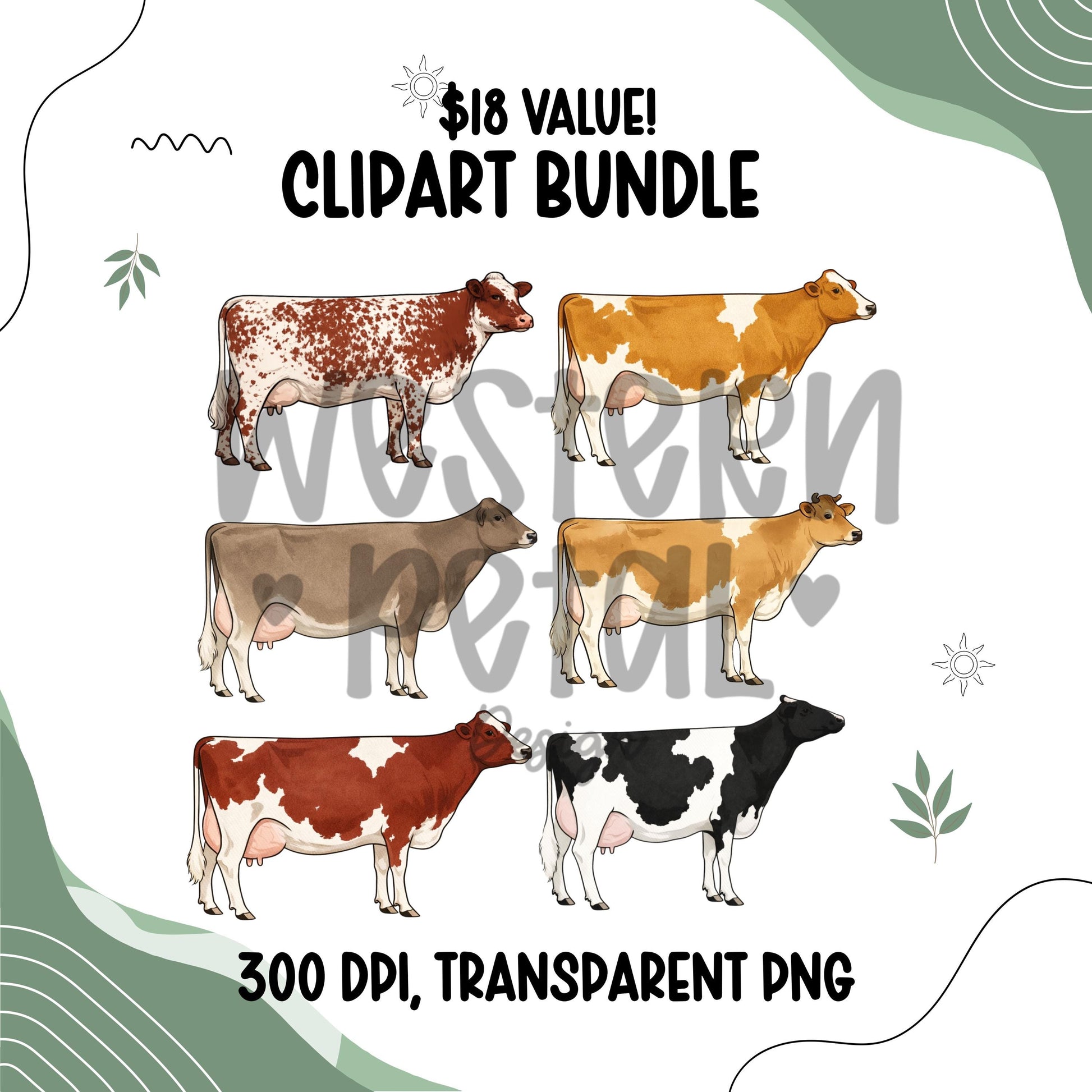 Dairy Cow Clipart Bundle, Farm Animal PNG Graphics (300 DPI Transparent)