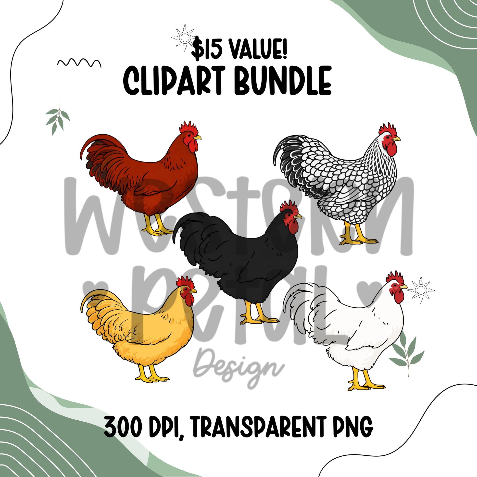 Farm Rooster Clipart Bundle, Rustic Poultry Illustrations (300 DPI PNG)