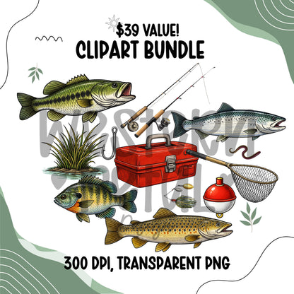 Fishing Clipart Bundle, Fish and Angler Gear Illustrations, High-Resolution PNG for Outdoor, Rustic, Tackle, Lures, Rods, Tumbler Designs