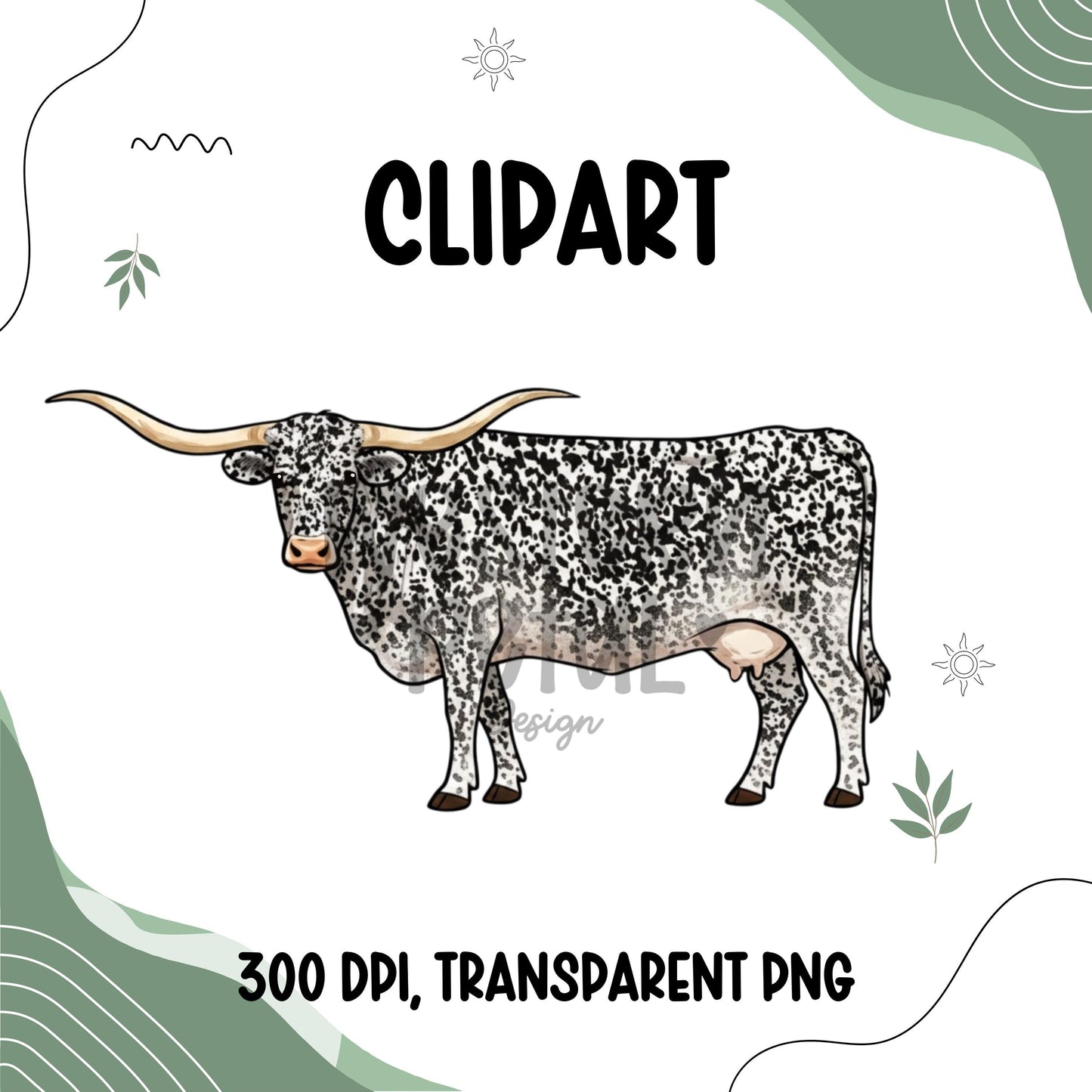 Longhorn Cow Clipart PNG Bundle Set | Side View Cattle Illustration | 300 DPI Transparent PNG
