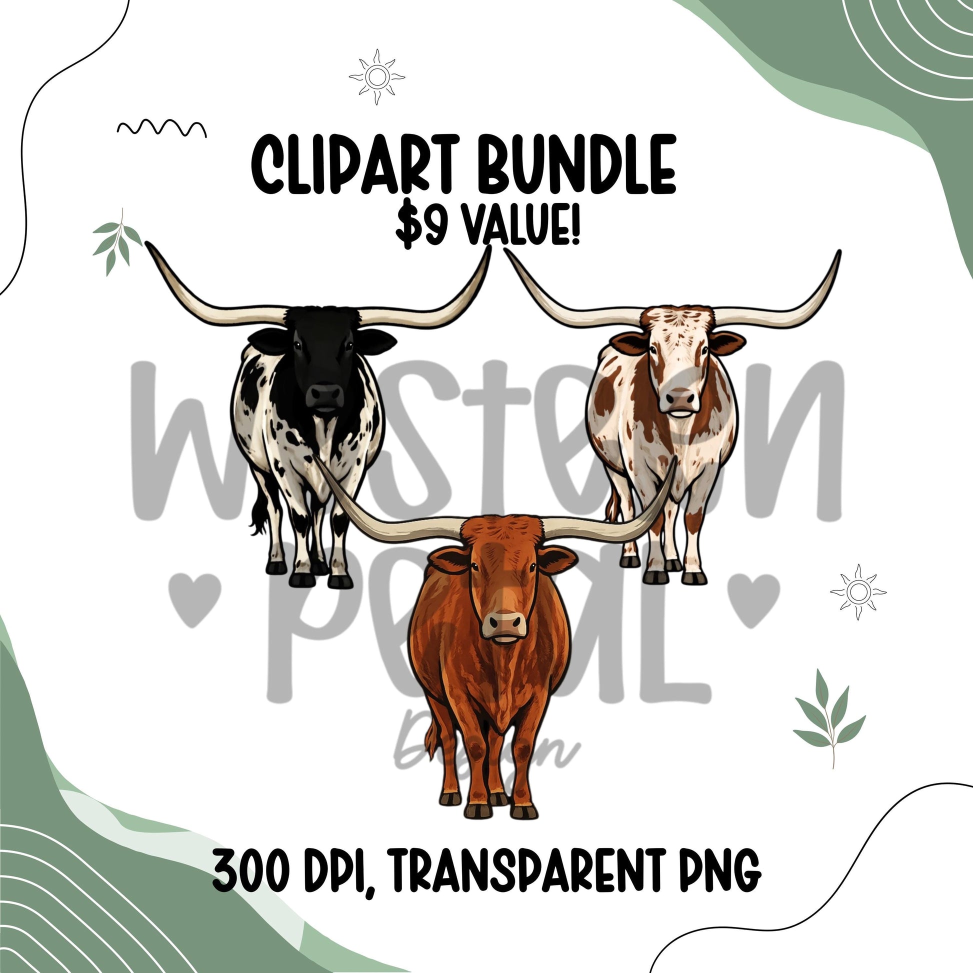 Longhorn Cow Clipart PNG Bundle Set | Front Facing Cattle Illustration | 300 DPI Transparent PNG