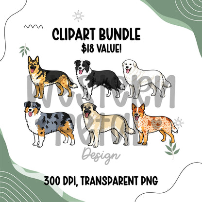 Working dog clipart bundle featuring six illustrated herding dog breeds including German shepherd, border collie, great pyrenees, Australian shepherd, Anatolian shepherd, and red heeler. Transparent PNG files at 300 DPI for crafting, sublimation, stickers, and small business design use.