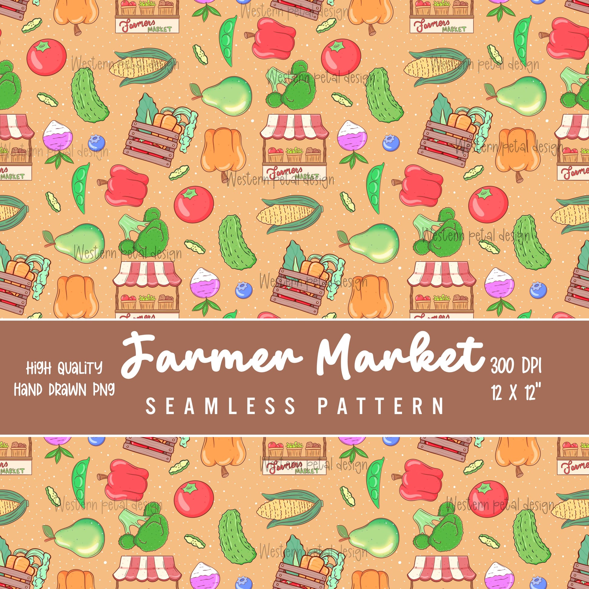 Farmers market seamless pattern with hand drawn fruits, vegetables, produce crates, and market stands on a warm neutral background