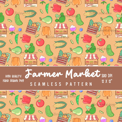 Farmers market seamless pattern with hand drawn fruits, vegetables, produce crates, and market stands on a warm neutral background