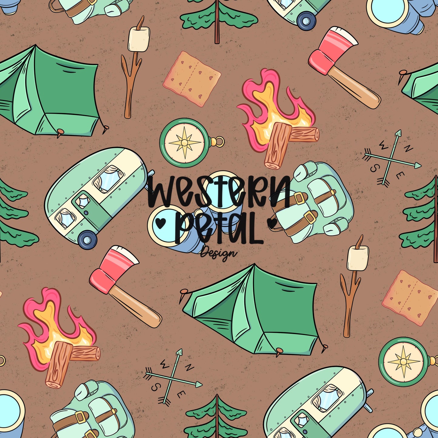 Boys Camping Seamless Pattern, Woodland Adventure Digital Paper (PNG Download)