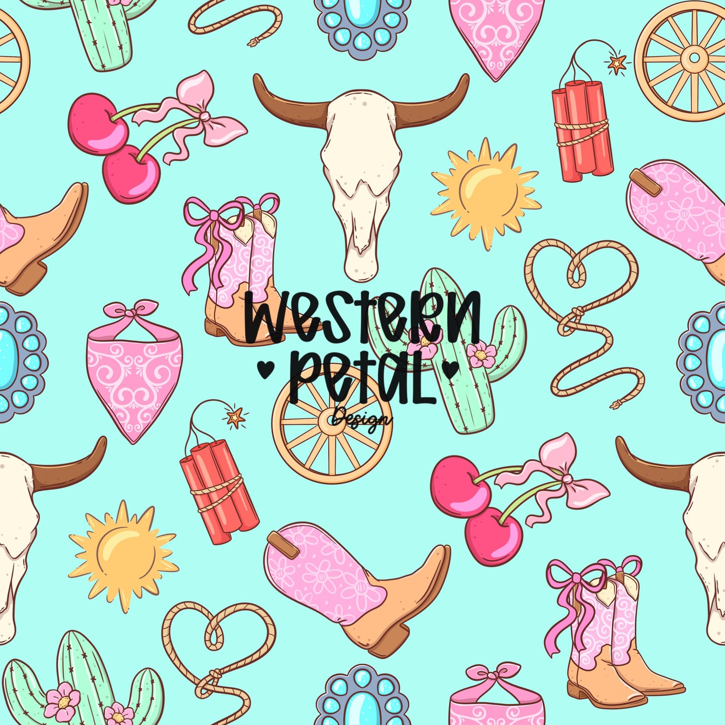Cowgirl Icon Seamless Pattern | Pink Turquoise Western Digital Paper (PNG)