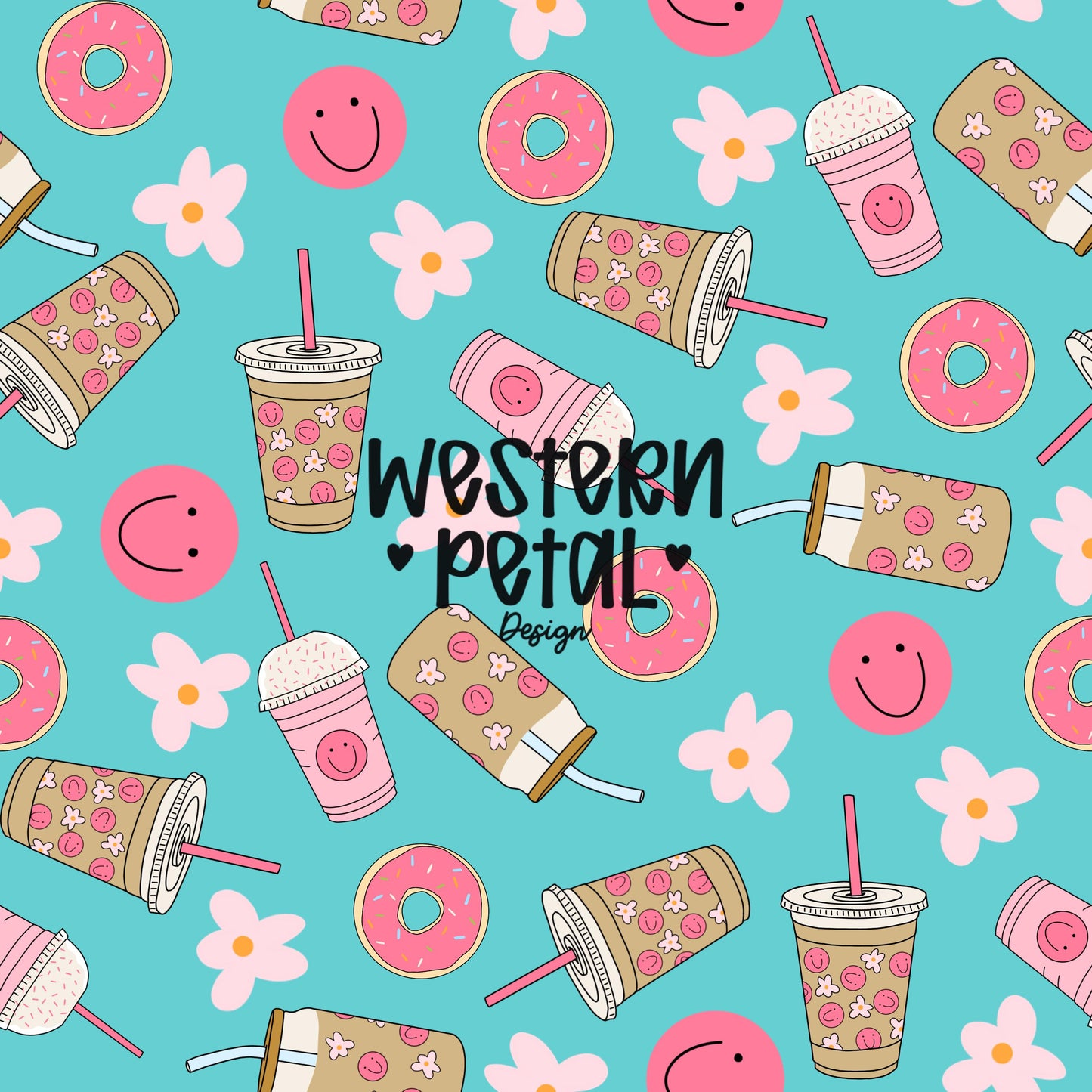 Smiley Coffee Seamless Pattern | Pink Teal Donut Floral PNG (Digital Download