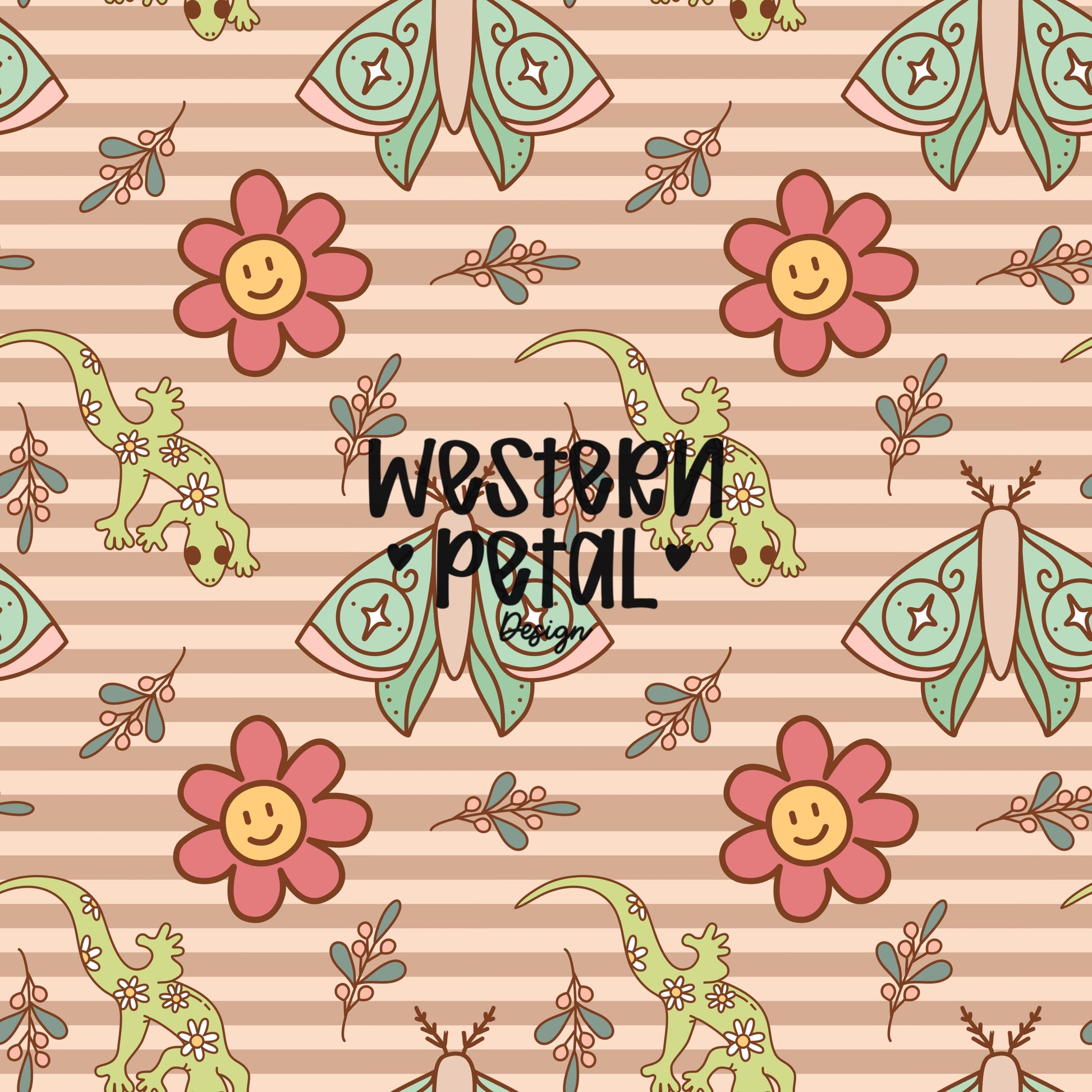 Hippie Lizard Seamless Pattern | Retro Floral Kids Digital Paper (PNG Download)
