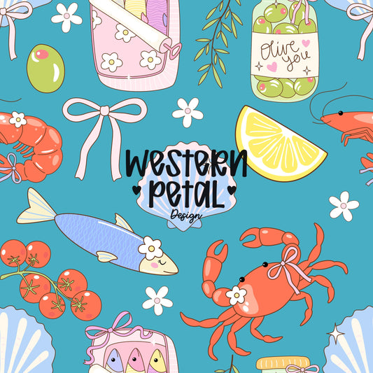 Italian Summer Seamless Pattern PNG, Coastal Food Digital Paper, Lemon Seafood Pattern, Amalfi Coast Dolce Vita Design, 12x12 Sublimation