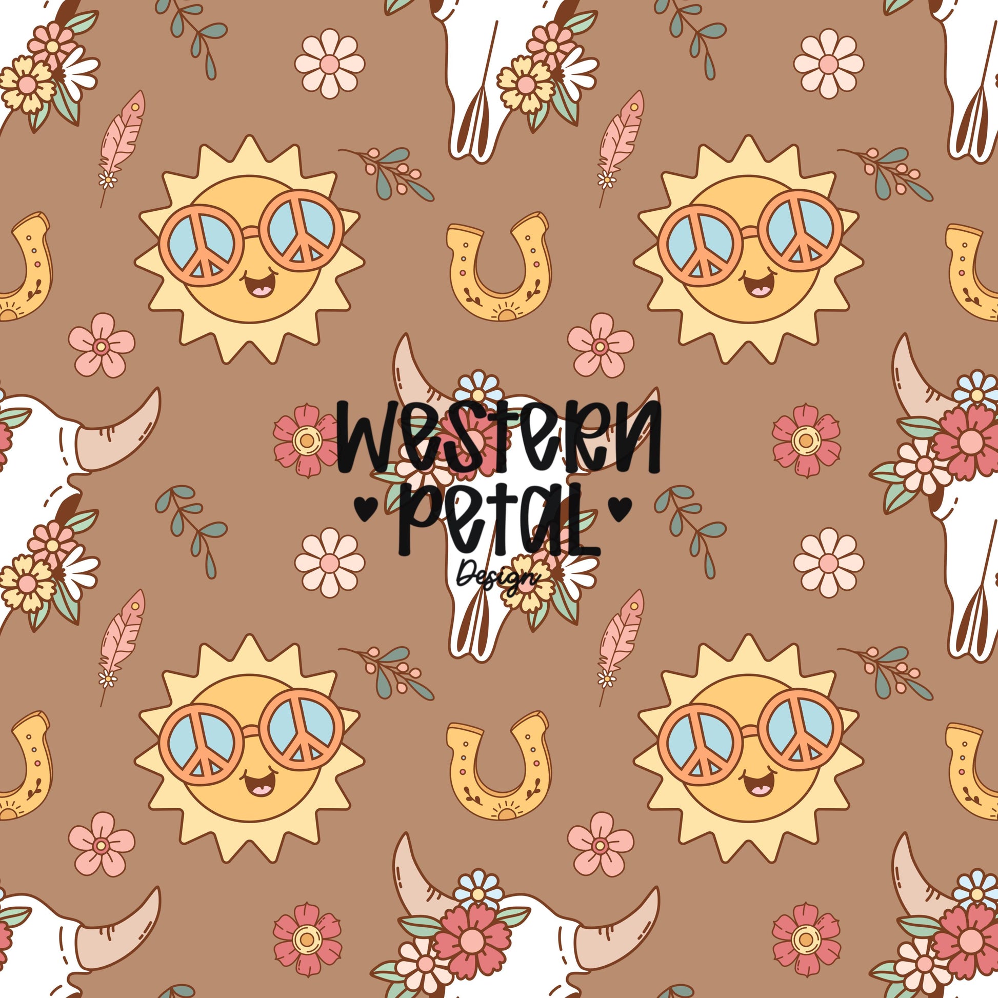 Boho Western Seamless Pattern | Hippie Sun, Longhorn Skulls (PNG Digital Paper)