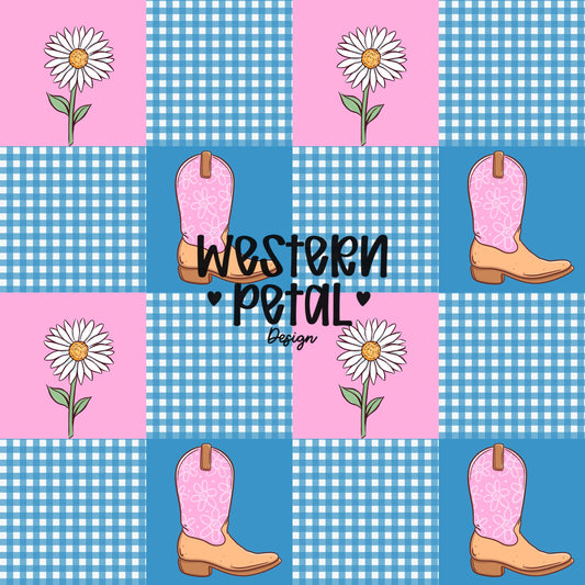 Pink Western Patchwork Seamless Pattern PNG, Cowgirl Boot Digital Paper, Gingham Daisy Pattern, Coquette Western Design, 12x12 Sublimation