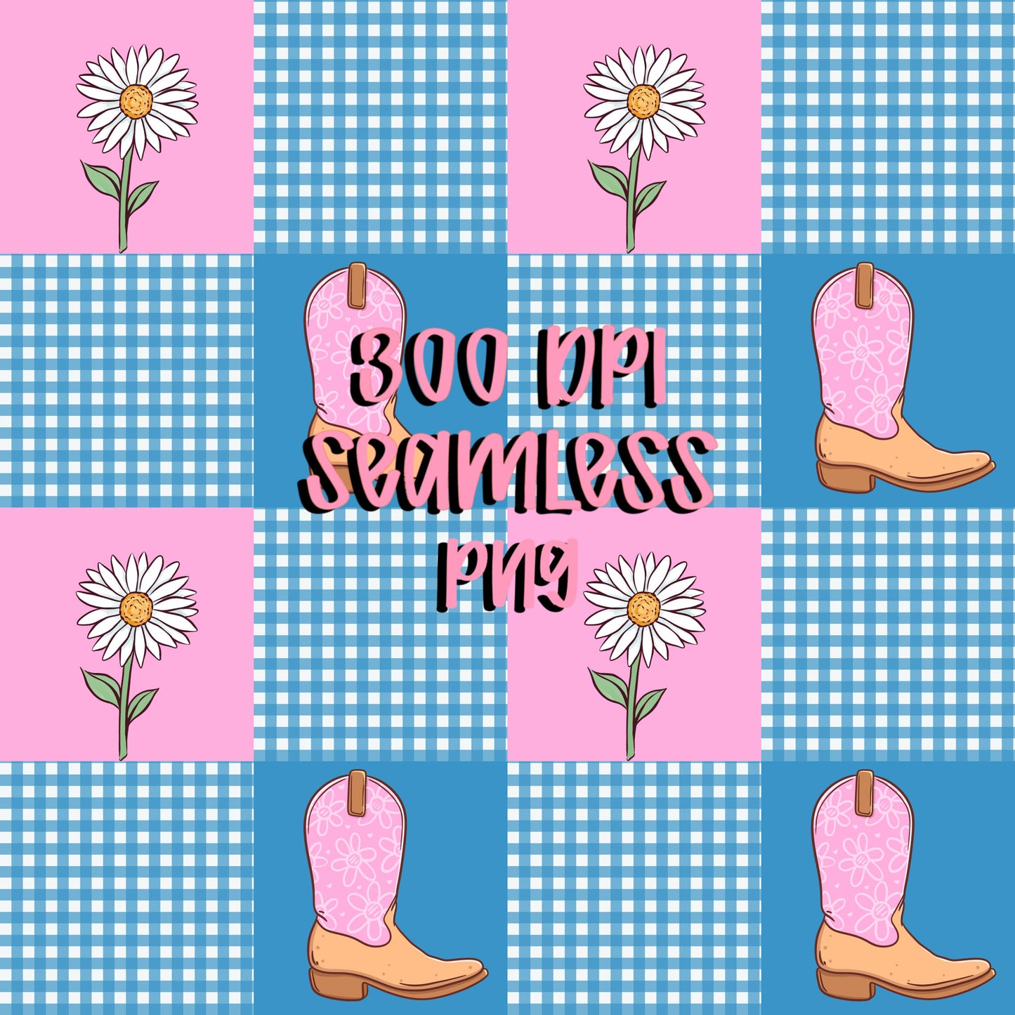 Pink Western Patchwork Seamless Pattern PNG, Cowgirl Boot Digital Paper, Gingham Daisy Pattern, Coquette Western Design, 12x12 Sublimation