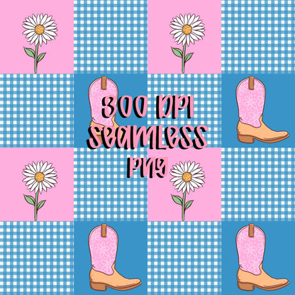Pink Western Patchwork Seamless Pattern PNG, Cowgirl Boot Digital Paper, Gingham Daisy Pattern, Coquette Western Design, 12x12 Sublimation