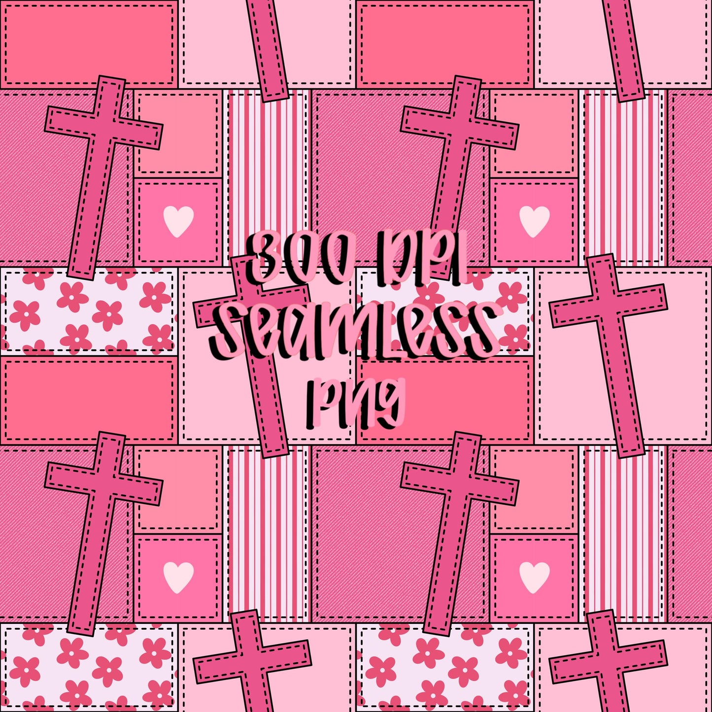Pink Christian Seamless Pattern PNG, Faith Cross Patchwork Digital Paper, Girly Bible Verse Pattern, Floral Heart Quilt Design, 12x12