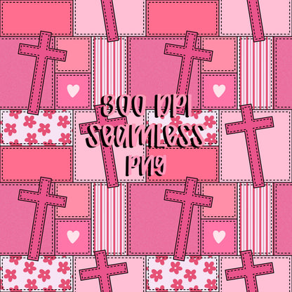 Pink Christian Seamless Pattern PNG, Faith Cross Patchwork Digital Paper, Girly Bible Verse Pattern, Floral Heart Quilt Design, 12x12