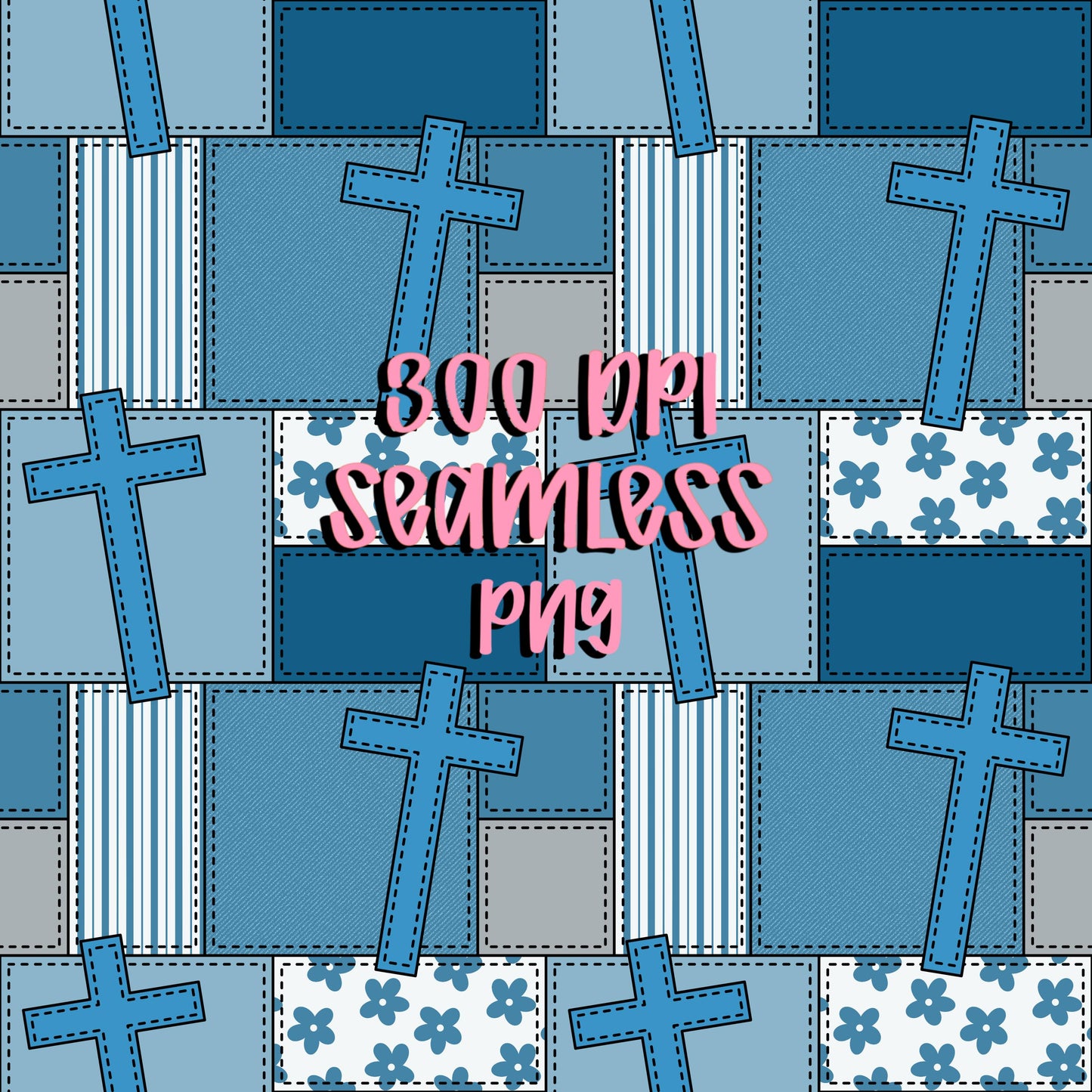 Blue Faith Patchwork Seamless Pattern, Christian Quilt Design (Digital Background)