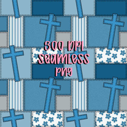 Blue Faith Patchwork Seamless Pattern, Christian Quilt Design (Digital Background)