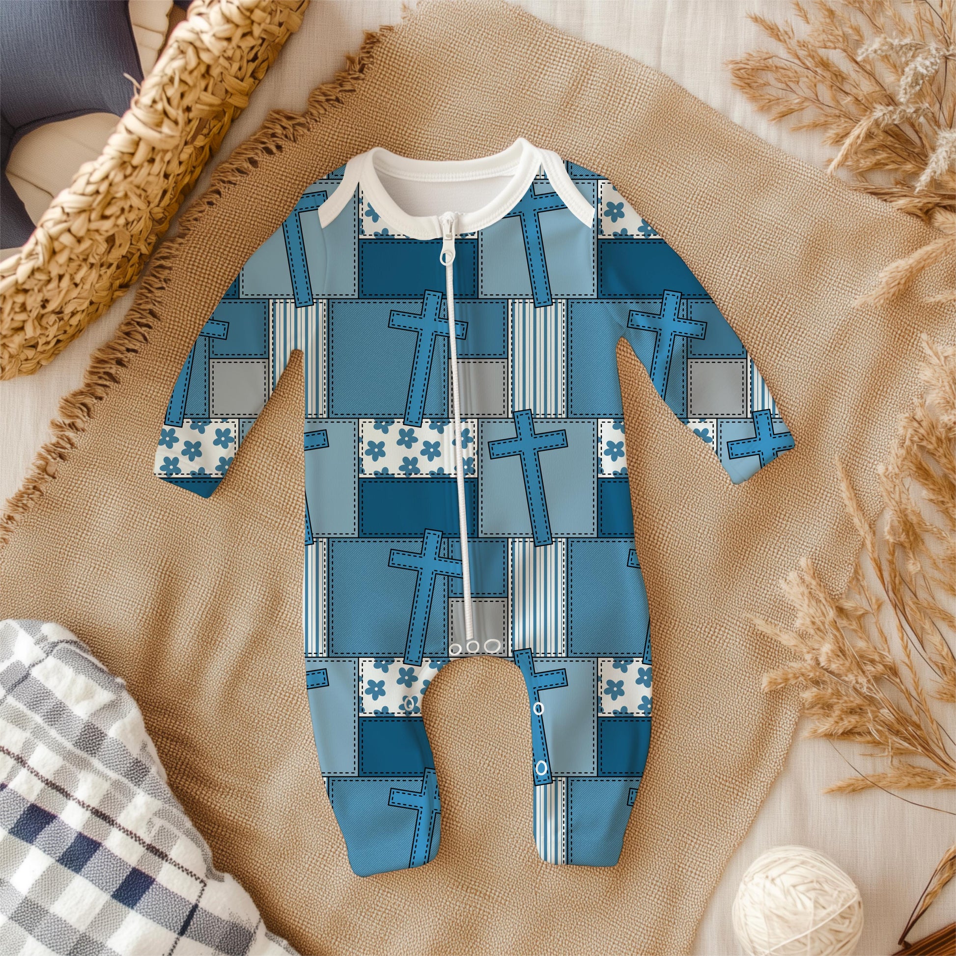 Blue Faith Patchwork Seamless Pattern, Christian Quilt Design (Digital Background)