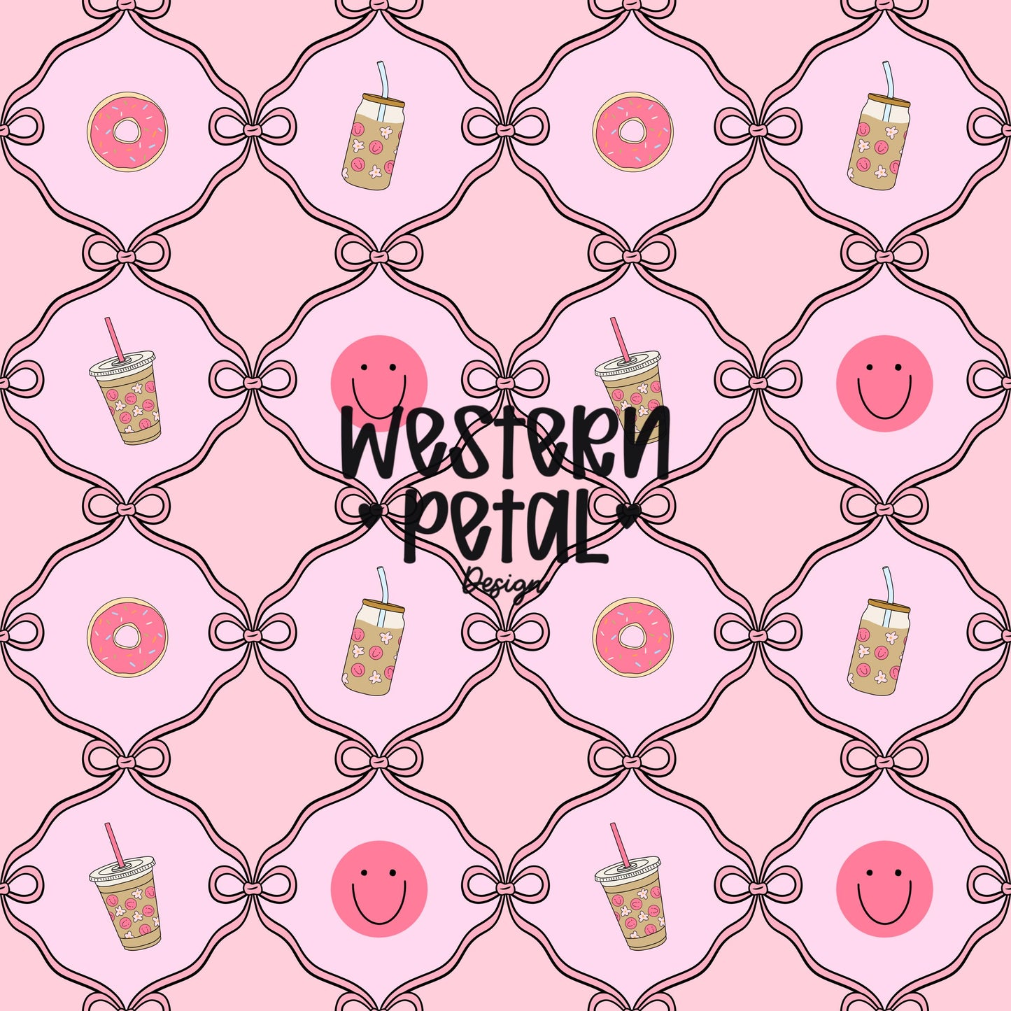 Pink Preppy Seamless Pattern, Bows, Donut, Coffee (Digital Download)