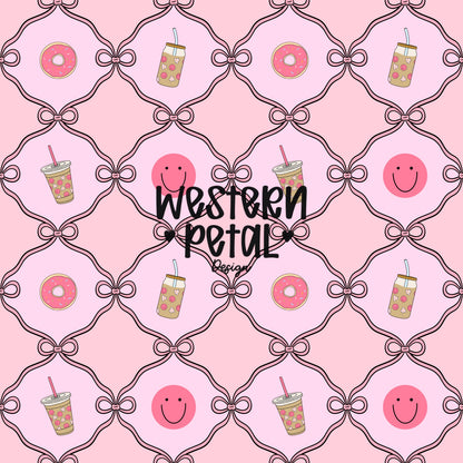 Pink Preppy Seamless Pattern, Bows, Donut, Coffee (Digital Download)