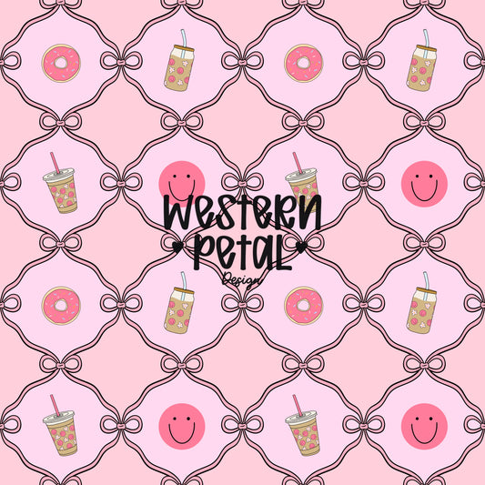Pink Preppy Seamless Pattern, Bows, Donut, Coffee (Digital Download)