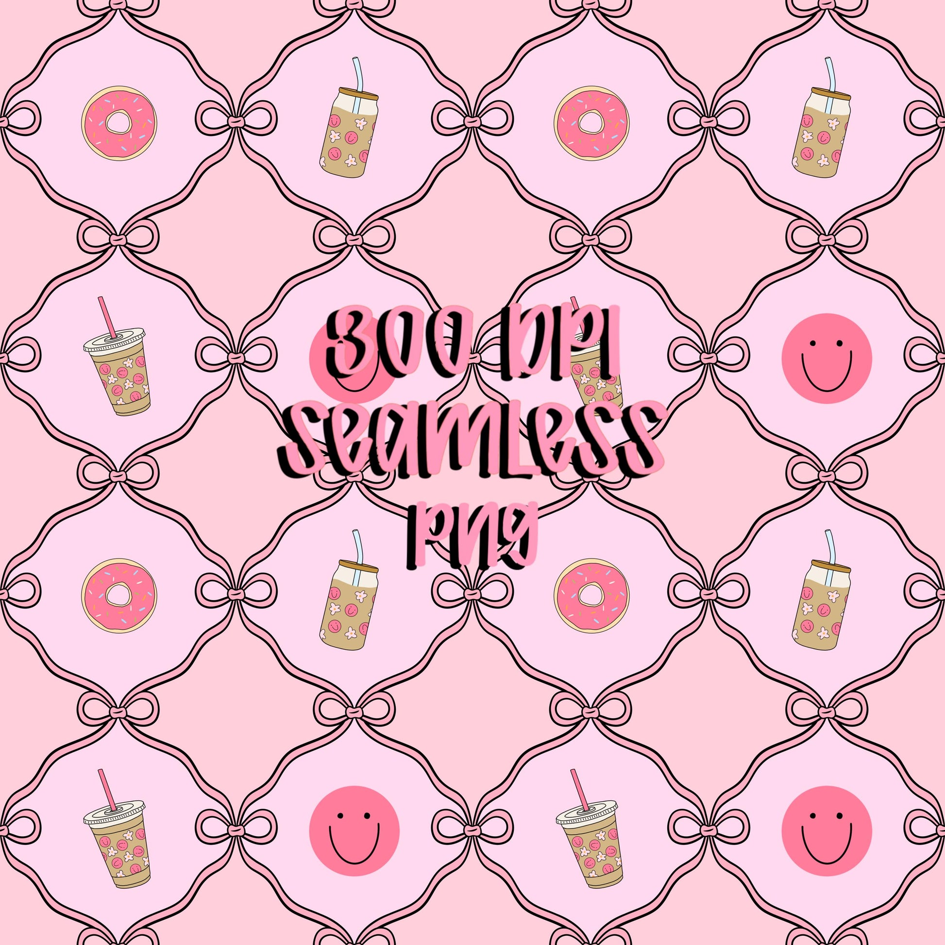 Pink Preppy Seamless Pattern, Bows, Donut, Coffee (Digital Download)