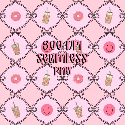 Pink Preppy Seamless Pattern, Bows, Donut, Coffee (Digital Download)