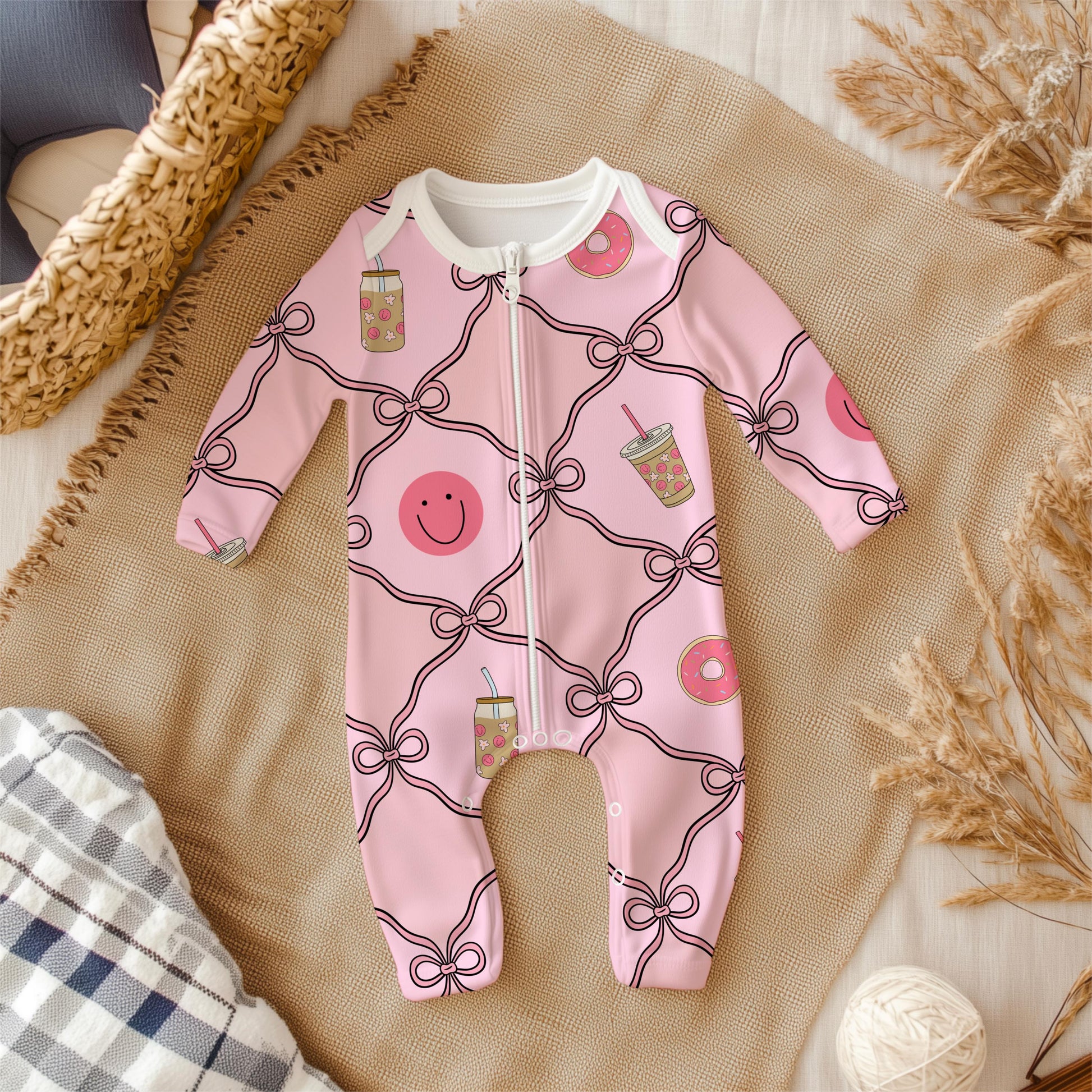 Pink Preppy Seamless Pattern, Bows, Donut, Coffee (Digital Download)