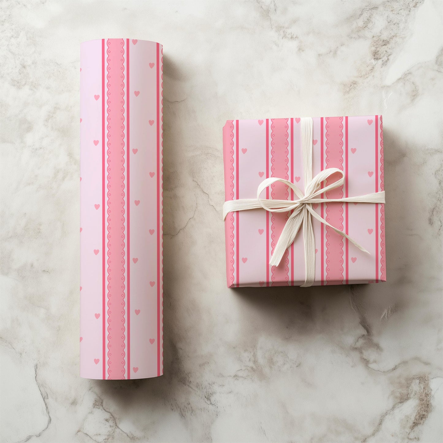 Pink Scallop Stripe Pattern, Girly Hearts Fabric, Seamless Nursery Design (Digital Download)