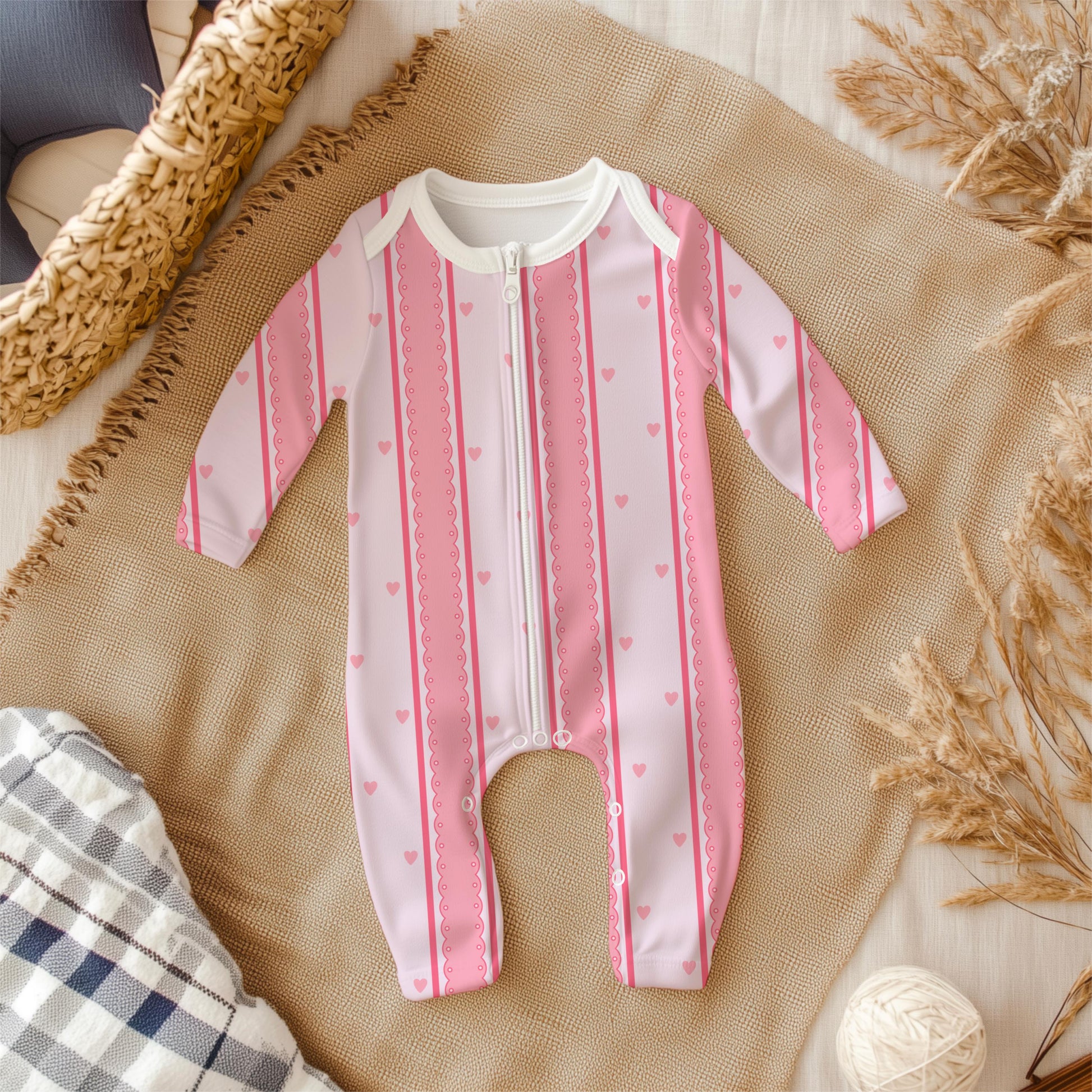 Pink Scallop Stripe Pattern, Girly Hearts Fabric, Seamless Nursery Design (Digital Download)