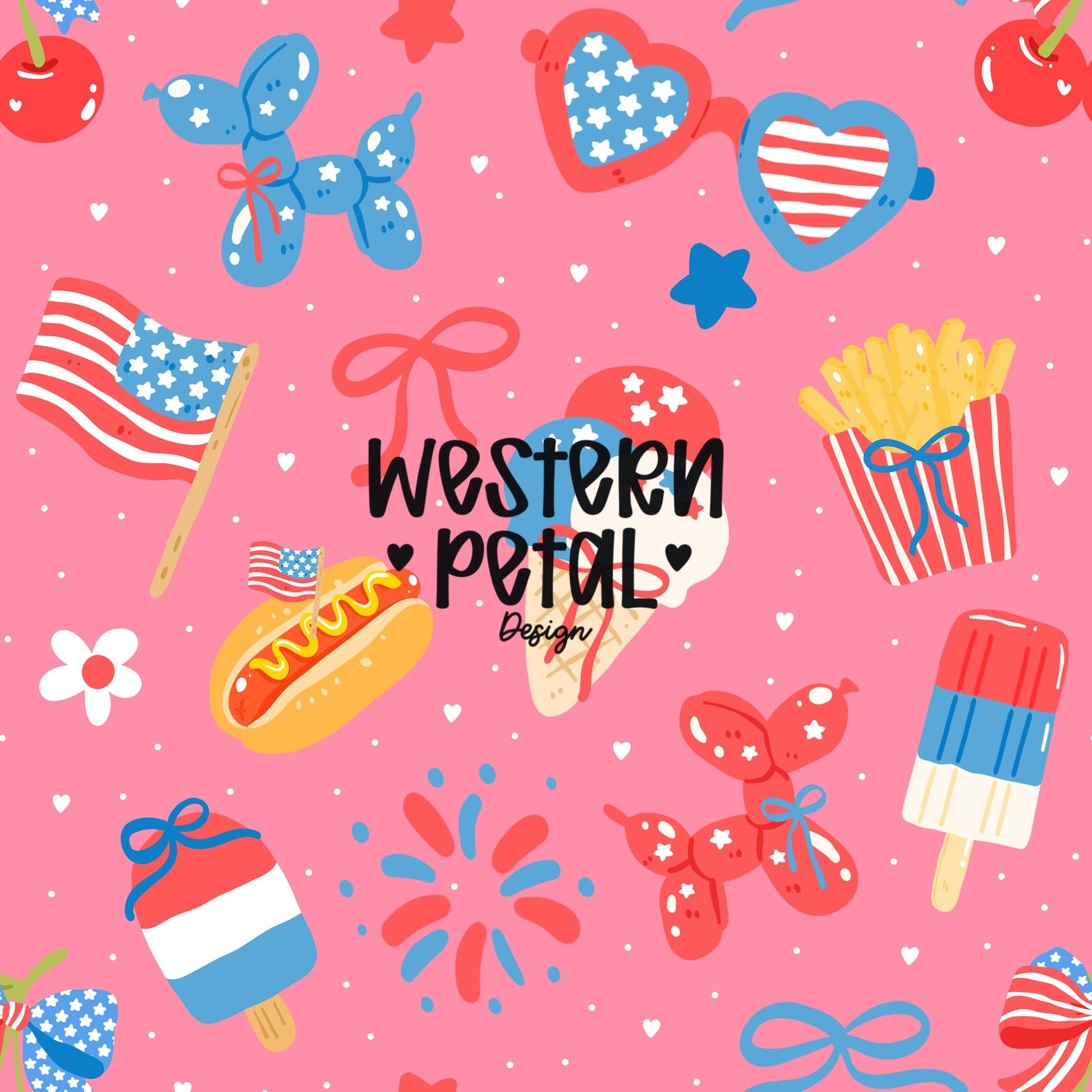 Seamless 4th of July digital paper with red white and blue bows balloons ice cream popsicles fireworks and summer elements on pink background