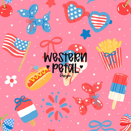 Seamless 4th of July digital paper with red white and blue bows balloons ice cream popsicles fireworks and summer elements on pink background