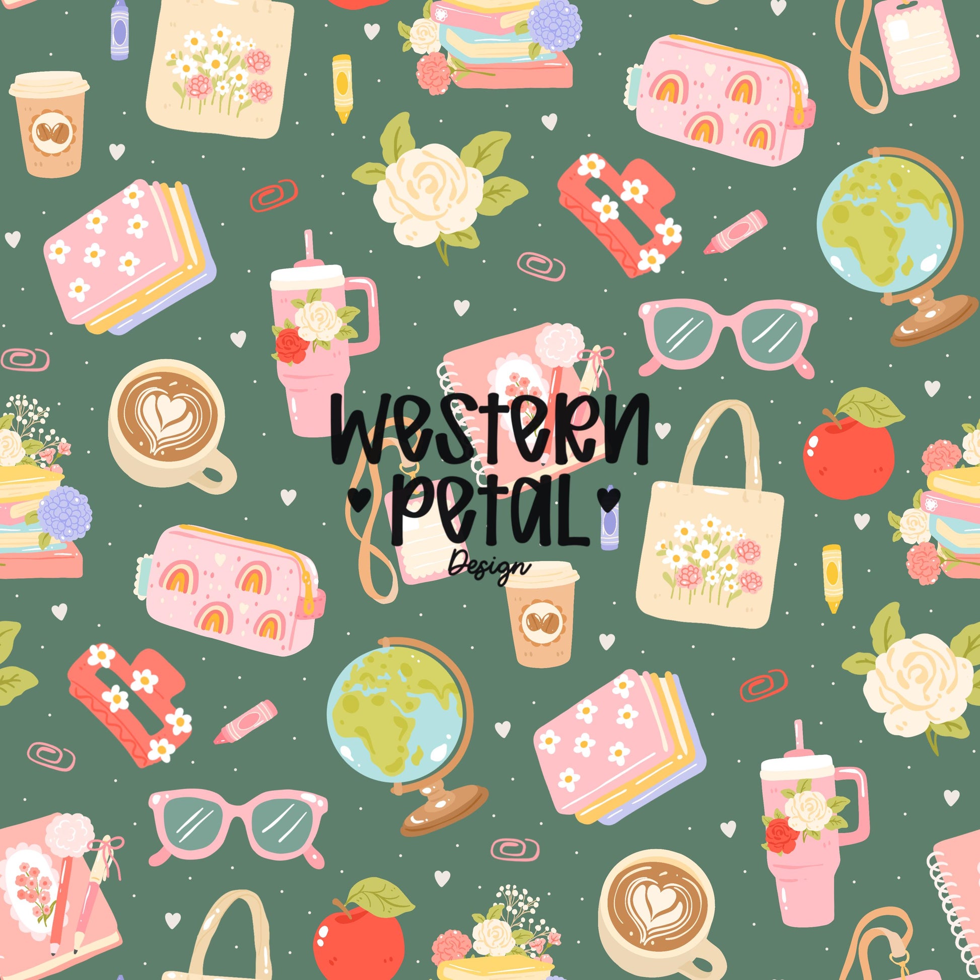 Seamless teacher digital paper with coffee cups planners books flowers apples globes and pastel school elements on green background