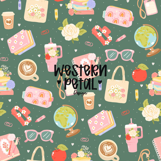 Seamless teacher digital paper with coffee cups planners books flowers apples globes and pastel school elements on green background