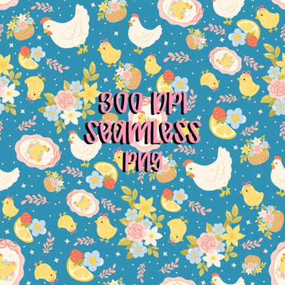 Spring Chicken Seamless Pattern | Easter Farm Floral Fabric (Digital Paper)