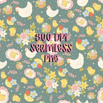 Spring Chicken Seamless Pattern, Easter Farm Floral (Digital Download)