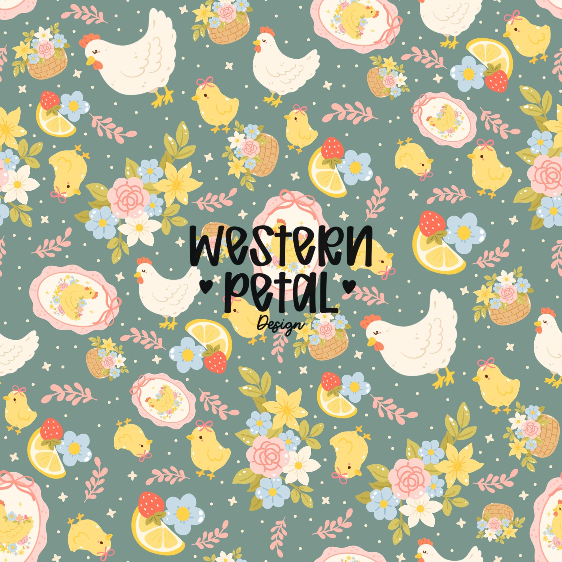 Spring Chicken Seamless Pattern, Easter Farm Floral (Digital Download)