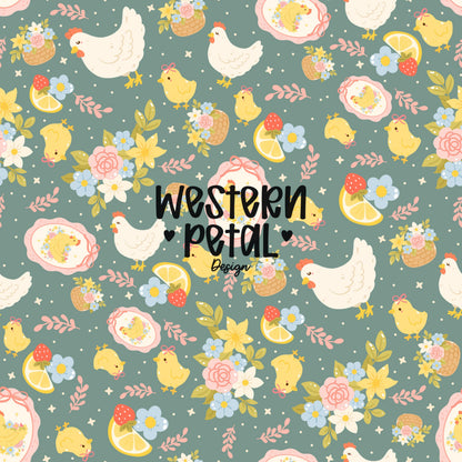 Spring Chicken Seamless Pattern, Easter Farm Floral (Digital Download)