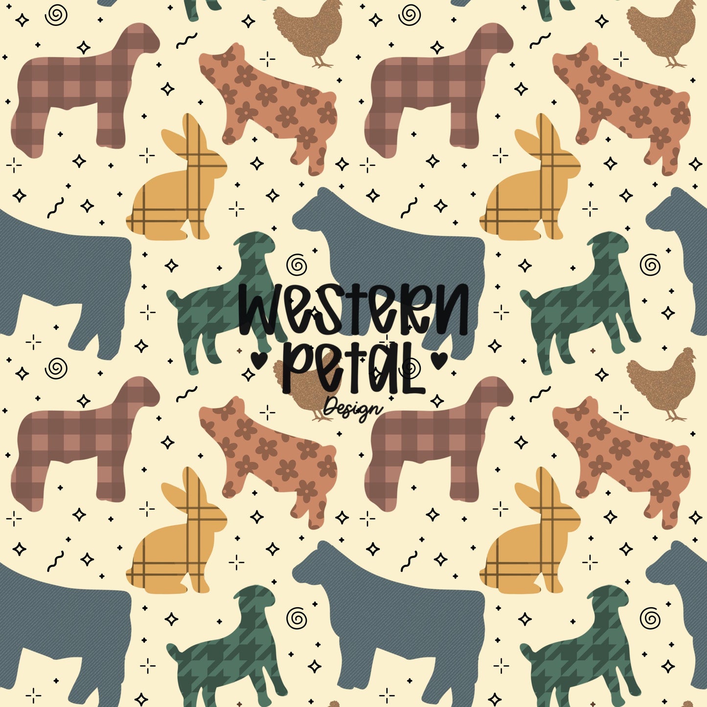 Seamless 4H livestock pattern with cows sheep pigs rabbits and chickens in a repeating farm animal design