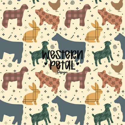 Seamless 4H livestock pattern with cows sheep pigs rabbits and chickens in a repeating farm animal design