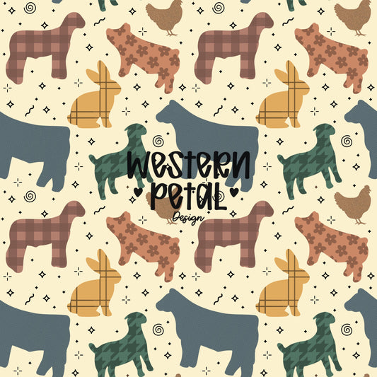 Seamless 4H livestock pattern with cows sheep pigs rabbits and chickens in a repeating farm animal design