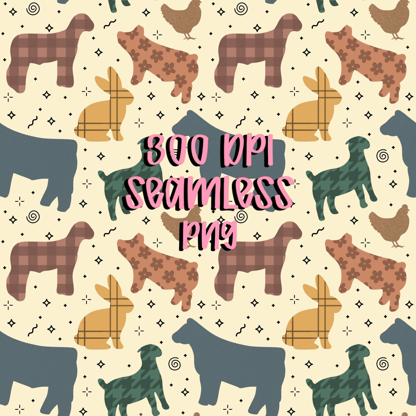 Seamless 4H livestock pattern with cows sheep pigs rabbits and chickens in a repeating farm animal design