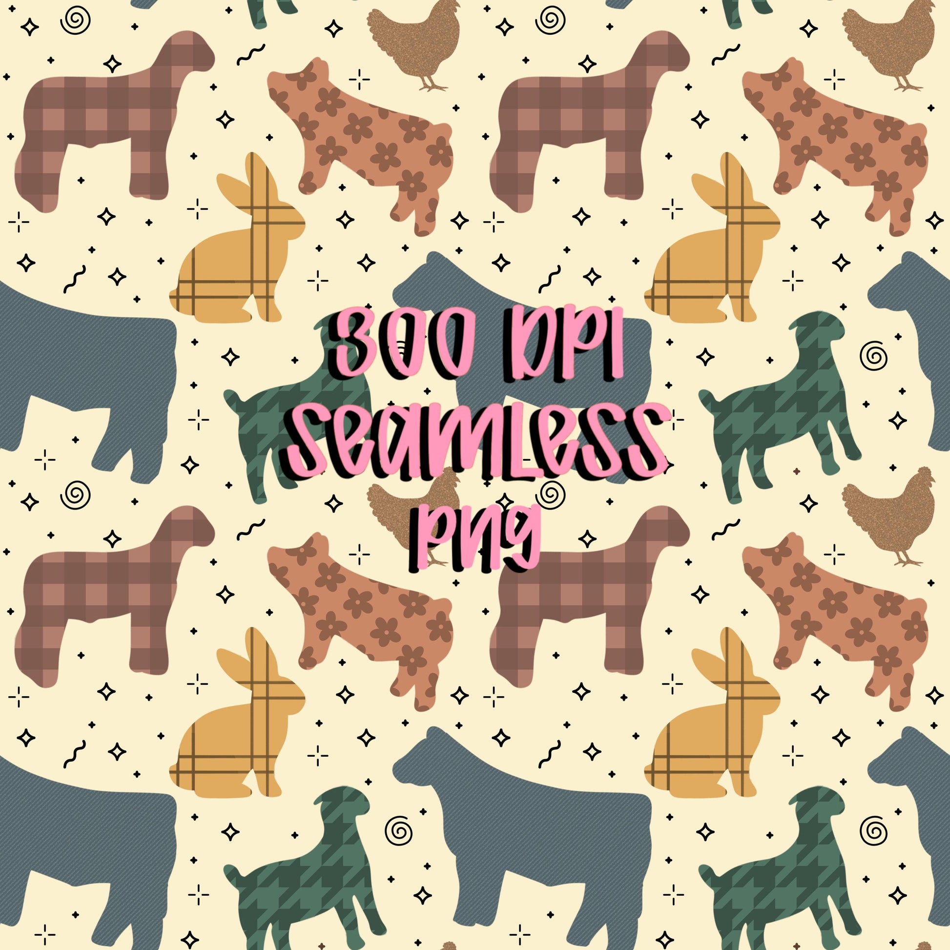 Seamless 4H livestock pattern with cows sheep pigs rabbits and chickens in a repeating farm animal design