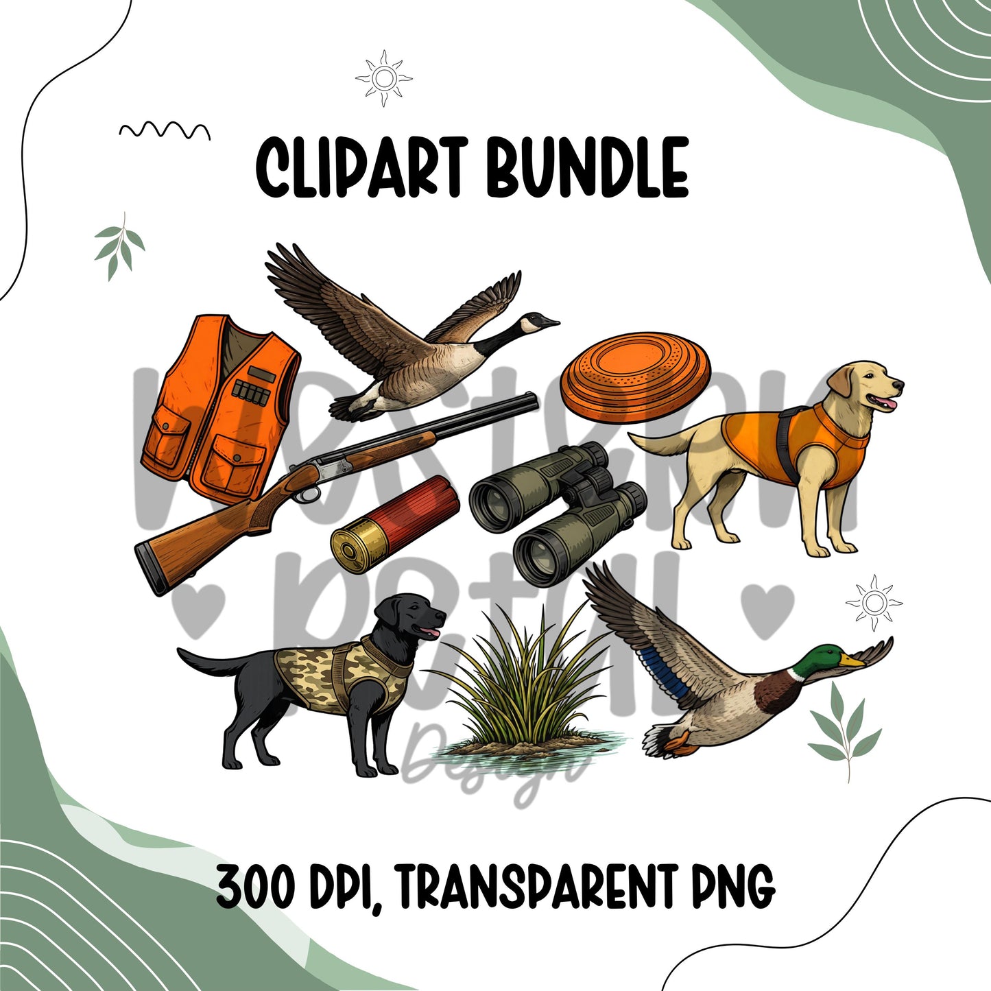 Duck hunting clipart bundle featuring hunting dogs, flying ducks and geese, shotgun, hunting vest, clay target, binoculars, and marsh grass in a hand drawn outdoor style