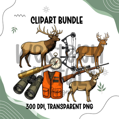 Deer hunting clipart bundle featuring bucks, elk, bow, rifle, binoculars, compass, ammunition, and hunting vest in a hand drawn outdoor style