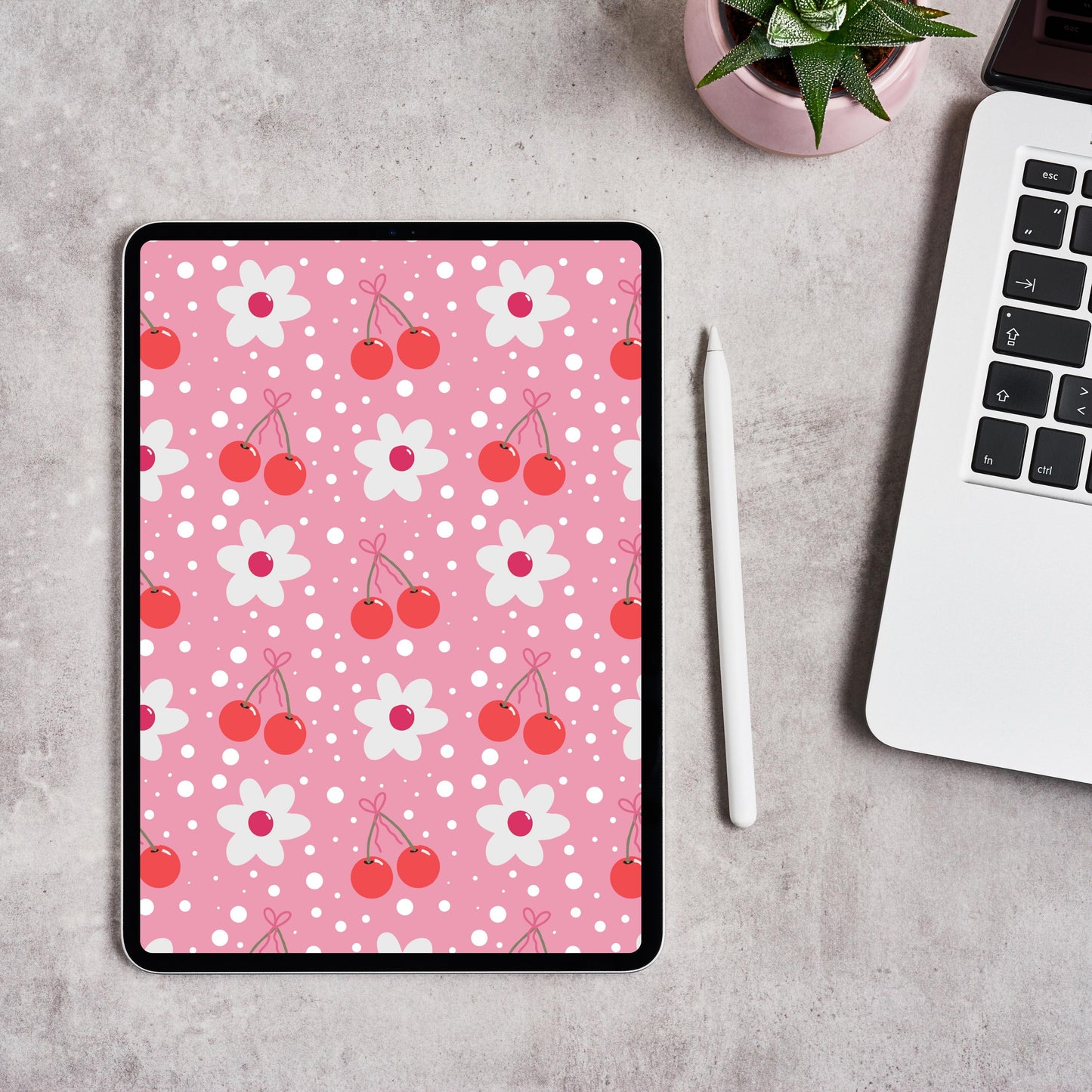 Cherry Seamless Pattern: Pink Floral Retro Digital Paper (12x12 inch PNG)