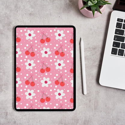 Cherry Seamless Pattern: Pink Floral Retro Digital Paper (12x12 inch PNG)