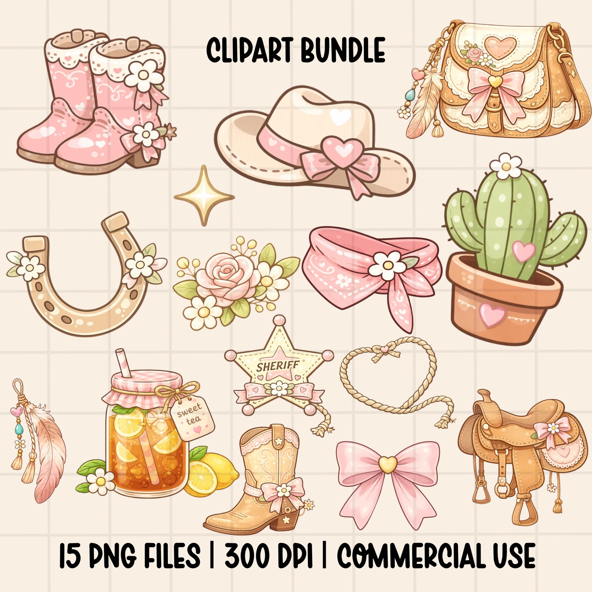 Cowgirl coquette western clipart bundle with pink boots, cowboy hat, saddle, cactus, bows, sheriff star and floral graphics