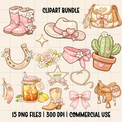 Cowgirl coquette western clipart bundle with pink boots, cowboy hat, saddle, cactus, bows, sheriff star and floral graphics