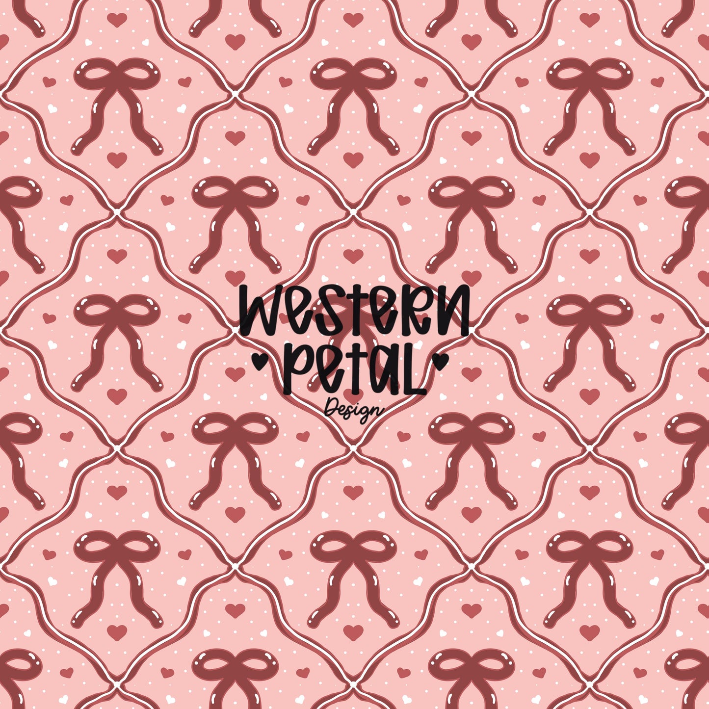 Hand drawn pink bow seamless pattern with hearts on a soft blush background, repeating ribbon design digital paper